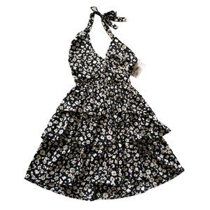 Prettygarden Womens Black Floral Halter Tiered Ruffle Dress M Cottagecore Party